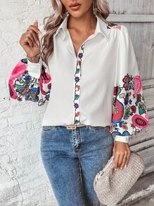 SHEIN LUNE Áo sơ mi nữ Nút Hoa Giải trí - trắng - Xem 4