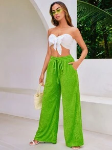 SHEIN VCAY 腰部抽繩闊腿褲 - 青檸色 - 查看 3