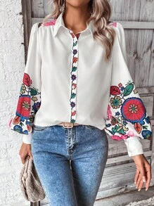 SHEIN LUNE Áo sơ mi nữ Nút Hoa Giải trí - trắng - Xem 5