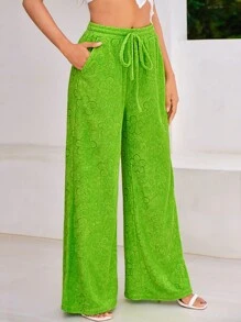 SHEIN VCAY 腰部抽繩闊腿褲 - 青檸色 - 查看 4