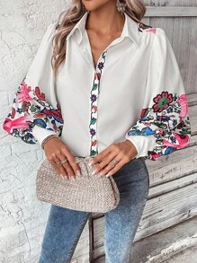 SHEIN LUNE Áo sơ mi nữ Nút Hoa Giải trí - trắng - Xem 6