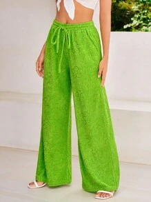 SHEIN VCAY 腰部抽繩闊腿褲 - 青檸色 - 查看 5