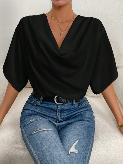 SHEIN Privé Blusa unicolor escote drapeado