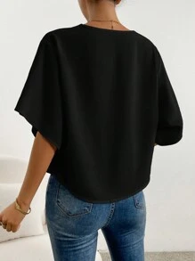 SHEIN Privé Solid Draped Collar Blouse - Black - View 2