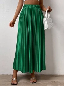 SHEIN LUNE Váy nữ Xếp li màu trơn Giải trí - Màu xanh lá cây đậm - Xem 1