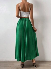 SHEIN LUNE Váy nữ Xếp li màu trơn Giải trí - Màu xanh lá cây đậm - Xem 2