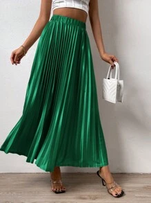 SHEIN LUNE Váy nữ Xếp li màu trơn Giải trí - Màu xanh lá cây đậm - Xem 3
