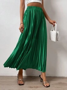 SHEIN LUNE Váy nữ Xếp li màu trơn Giải trí - Màu xanh lá cây đậm - Xem 4