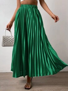 SHEIN LUNE Váy nữ Xếp li màu trơn Giải trí - Màu xanh lá cây đậm - Xem 5