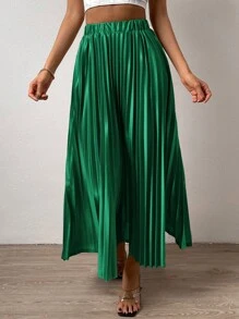 SHEIN LUNE Váy nữ Xếp li màu trơn Giải trí - Màu xanh lá cây đậm - Xem 6
