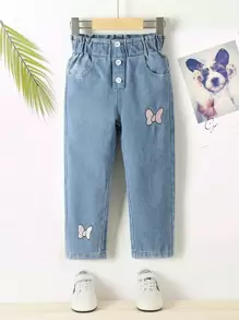 SHEIN Playful Pals 少女蝴蝶結刺繡紙袋腰直腳牛仔褲