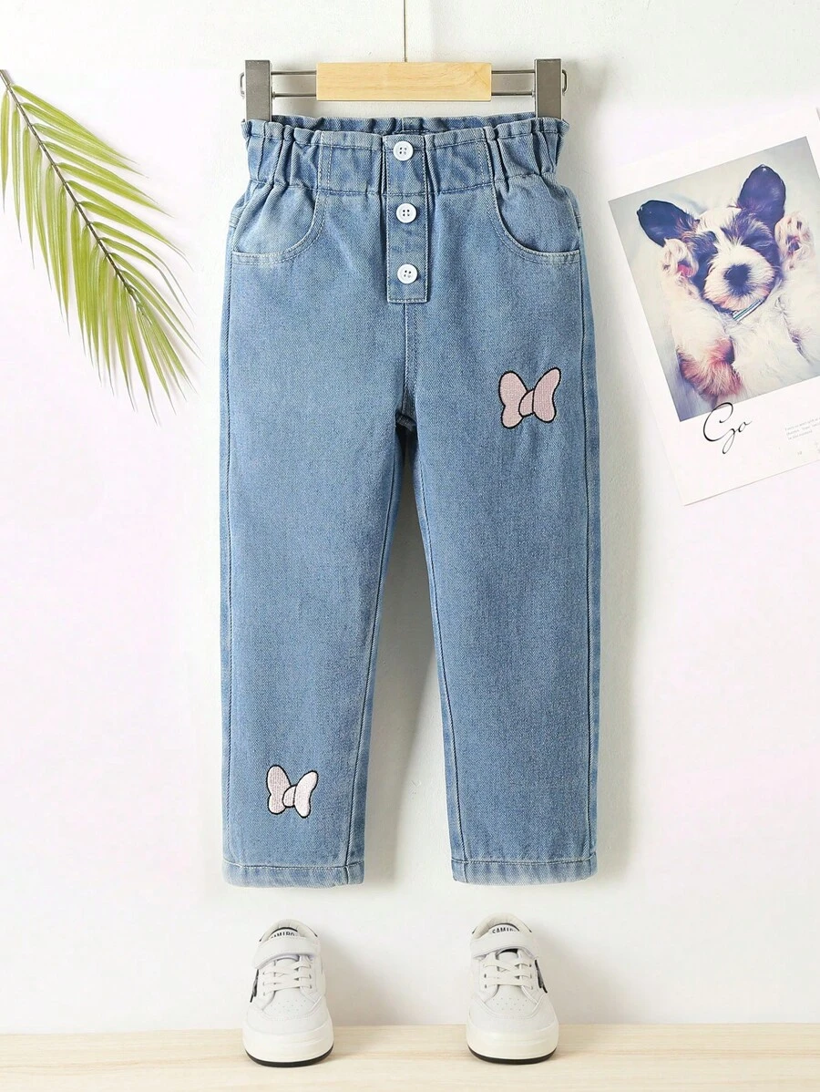 SHEIN Playful Pals 少女蝴蝶結刺繡紙袋腰直腳牛仔褲