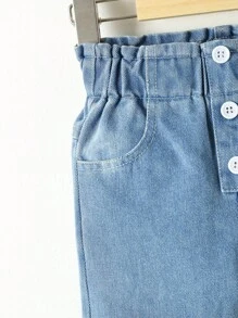 SHEIN Playful Pals 少女蝴蝶結刺繡紙袋腰直腳牛仔褲