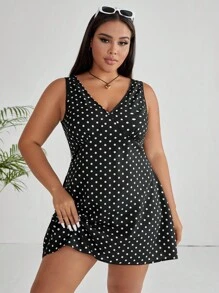 SHEIN EZwear Plus Polka Dot Print Dress - Black - View 1