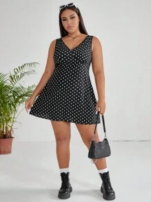 SHEIN EZwear Plus Polka Dot Print Dress - Black - View 4
