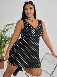 SHEIN EZwear Plus Polka Dot Print Dress - Black - View 5