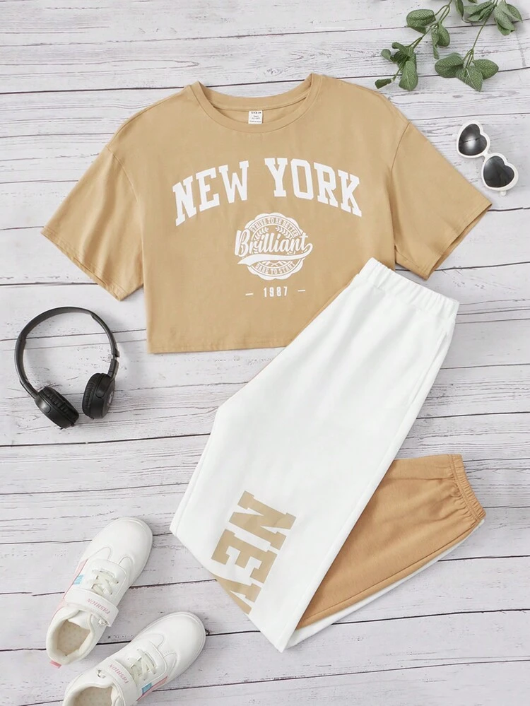 Teen Girls Letter Graphic Tee & Sweatpants