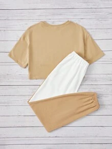 SHEIN 青少年女孩字母圖案T恤和運動褲 - 彩色 - 查看 2