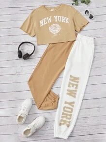 SHEIN 青少年女孩字母圖案T恤和運動褲 - 彩色 - 查看 4