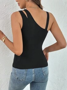 SHEIN Essnce Women Tight-Fitting Basic Sleeveless Top With Asymmetrical Neckline For Casual Summer Outfits - Black - View 2