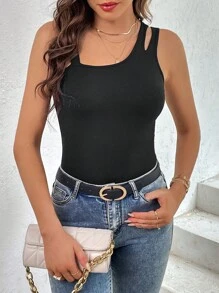 SHEIN Essnce Women Tight-Fitting Basic Sleeveless Top With Asymmetrical Neckline For Casual Summer Outfits - Black - View 4