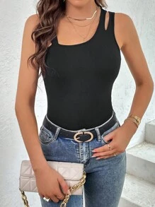 SHEIN Essnce Women Tight-Fitting Basic Sleeveless Top With Asymmetrical Neckline For Casual Summer Outfits - Black - View 1