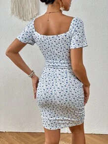 SHEIN VCAY Vestido ajustado con estampado floral pecho con fruncido - Azul - Ver 2