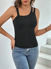 SHEIN Essnce Women Tight-Fitting Basic Sleeveless Top With Asymmetrical Neckline For Casual Summer Outfits - Black - View 6