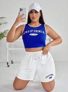 SHEIN EZwear Hơn Đồ họa Chữ cái Tương phản ràng buộc Crop Tank Top & Eo dây rút Quần short - Xanh và trắng - Xem 1