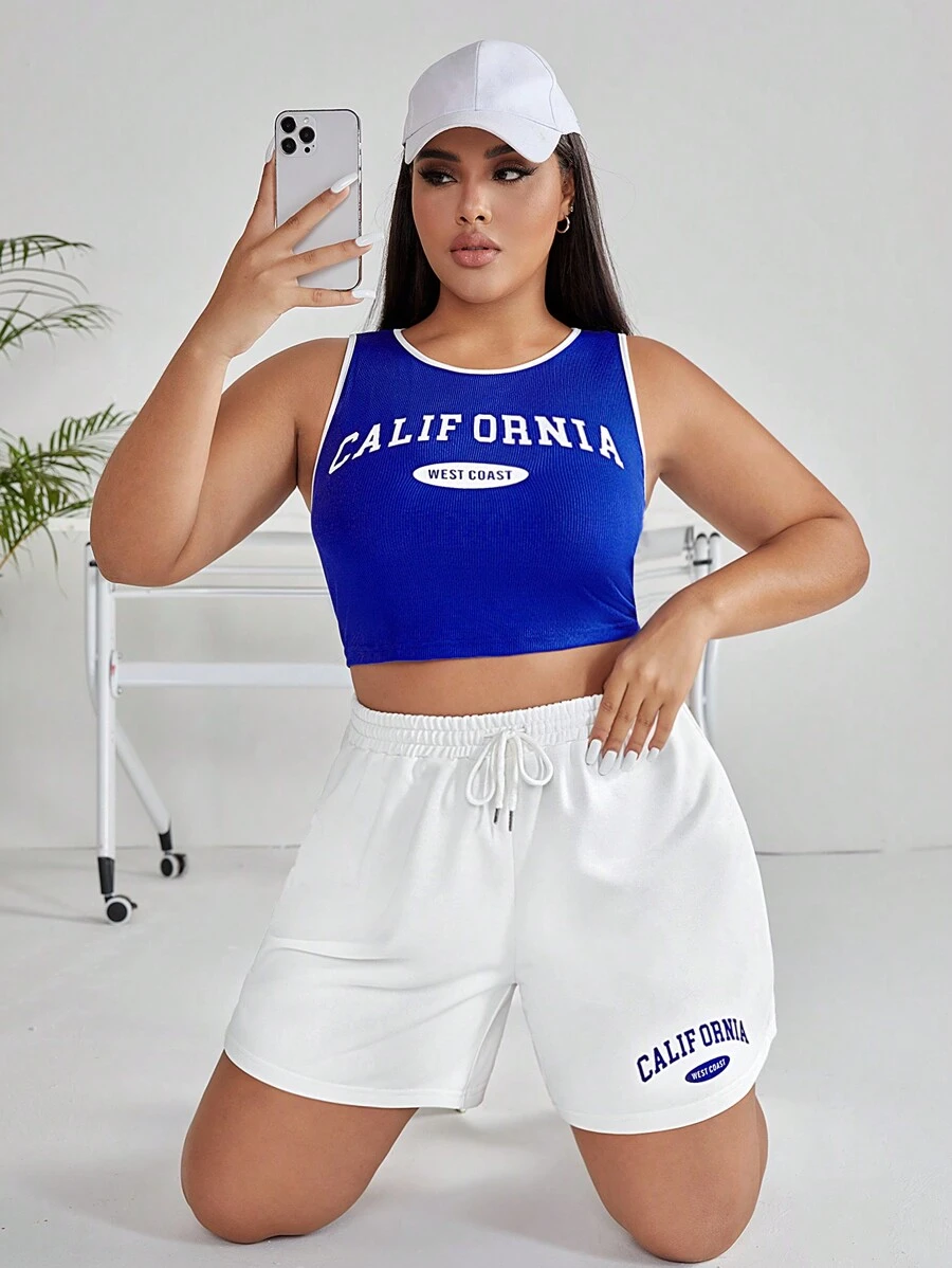 SHEIN EZwear Hơn Đồ họa Chữ cái Tương phản ràng buộc Crop Tank Top & Eo dây rút Quần short - Xanh và trắng - Xem 1