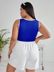 SHEIN EZwear Hơn Đồ họa Chữ cái Tương phản ràng buộc Crop Tank Top & Eo dây rút Quần short - Xanh và trắng - Xem 2