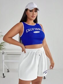 SHEIN EZwear Hơn Đồ họa Chữ cái Tương phản ràng buộc Crop Tank Top & Eo dây rút Quần short - Xanh và trắng - Xem 4