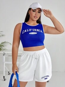 SHEIN EZwear Hơn Đồ họa Chữ cái Tương phản ràng buộc Crop Tank Top & Eo dây rút Quần short - Xanh và trắng - Xem 5