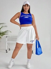 SHEIN EZwear Hơn Đồ họa Chữ cái Tương phản ràng buộc Crop Tank Top & Eo dây rút Quần short - Xanh và trắng - Xem 6