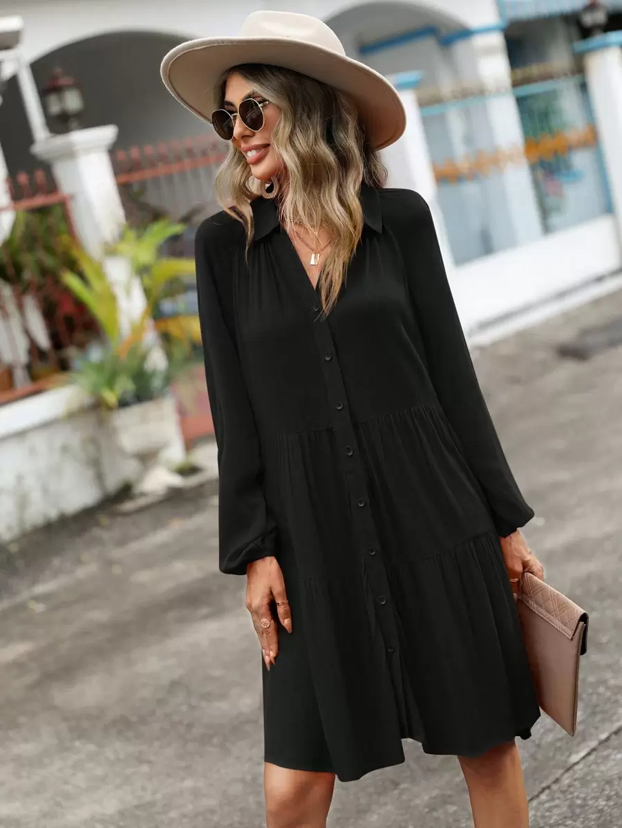 SHEIN LUNE 素色前紐扣荷葉邊娃娃裙 - 黑色 - 查看 1
