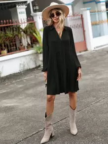 SHEIN LUNE 素色前紐扣荷葉邊娃娃裙 - 黑色 - 查看 5