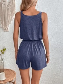 SHEIN LUNE 前鏤空斜口袋連身短褲 - 藍色 - 查看 2