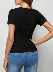 SHEIN LUNE 女士纯色纹理T恤，夏季休闲款 - 黑色 - 查看 2