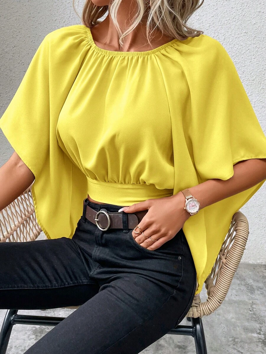 SHEIN Clasi 插肩袖後綁帶襯衫 - 黃色 - 查看 1