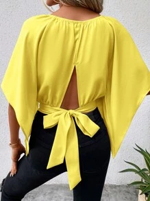 SHEIN Clasi 插肩袖後綁帶襯衫 - 黃色 - 查看 2