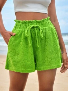 Soleia 花卉圖案提花前繫帶紙袋腰短褲 - 青檸色 - 查看 1