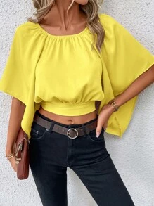 SHEIN Clasi 插肩袖後綁帶襯衫 - 黃色 - 查看 5