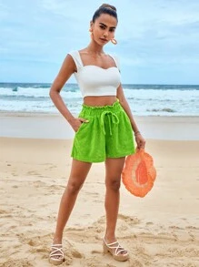 Soleia 花卉圖案提花前繫帶紙袋腰短褲 - 青檸色 - 查看 3