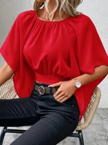 SHEIN Clasi Áo sơ mi nữ Cắt ra Buộc lại màu trơn Giải trí - Đỏ - Xem 1
