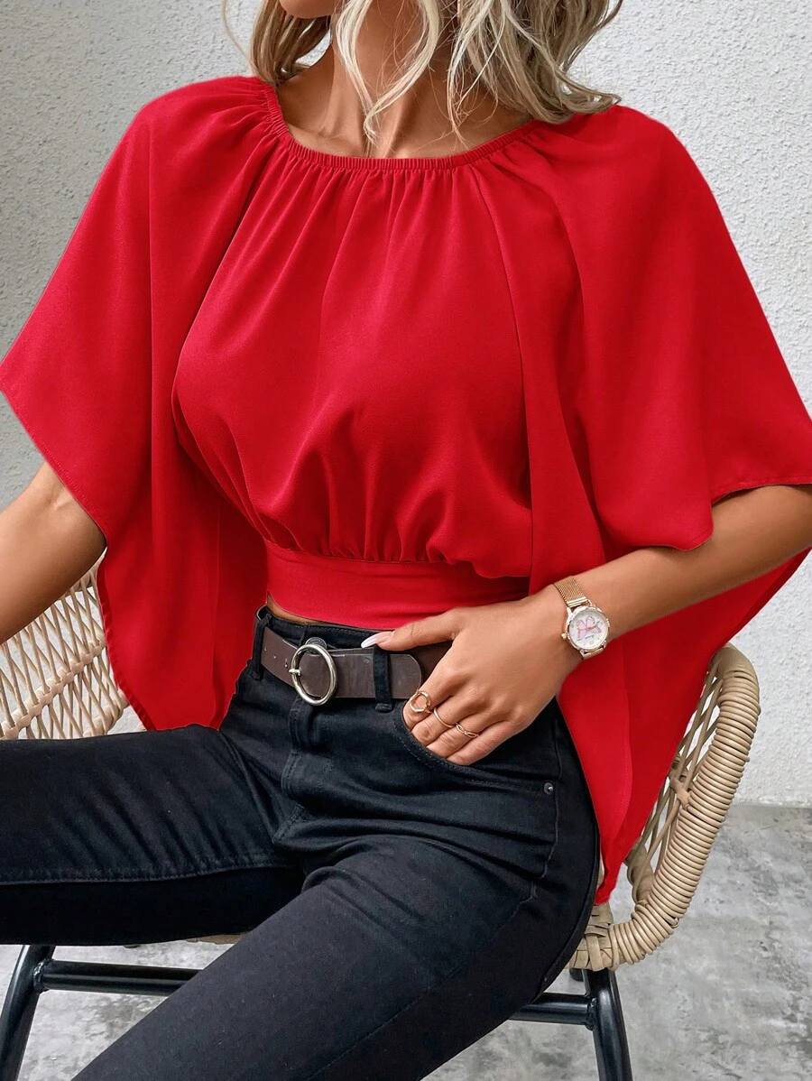 SHEIN Clasi Áo sơ mi nữ Cắt ra Buộc lại màu trơn Giải trí - Đỏ - Xem 1