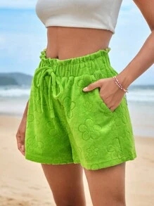 Soleia 花卉圖案提花前繫帶紙袋腰短褲 - 青檸色 - 查看 4