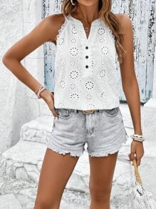 SHEIN VCAY Áo sơ mi nữ Tranh thêu Nút phía trước màu trơn Boho - trắng - Xem 3