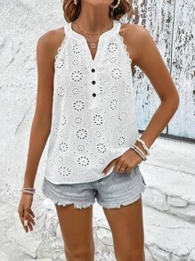 SHEIN VCAY Áo sơ mi nữ Tranh thêu Nút phía trước màu trơn Boho - trắng - Xem 4