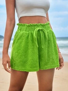 Soleia 花卉圖案提花前繫帶紙袋腰短褲 - 青檸色 - 查看 6