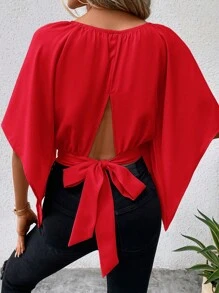 SHEIN Clasi Áo sơ mi nữ Cắt ra Buộc lại màu trơn Giải trí - Đỏ - Xem 2